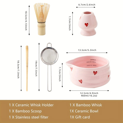 5pcs gift box set of matcha mixer (including gift card), pink heart-shaped Japanese matcha set, birthday and Thanksgiving gifts Good Vibrations