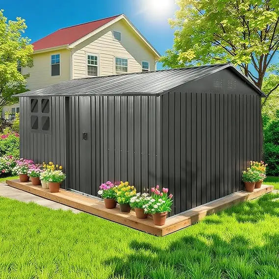 12 x 10 FT Outdoor Storage Shed, Metal Garden Tool Shed with Slooping Roof, Lockable Doors, All-Weather Bike Shed Easy to Assemb Good Vibrations