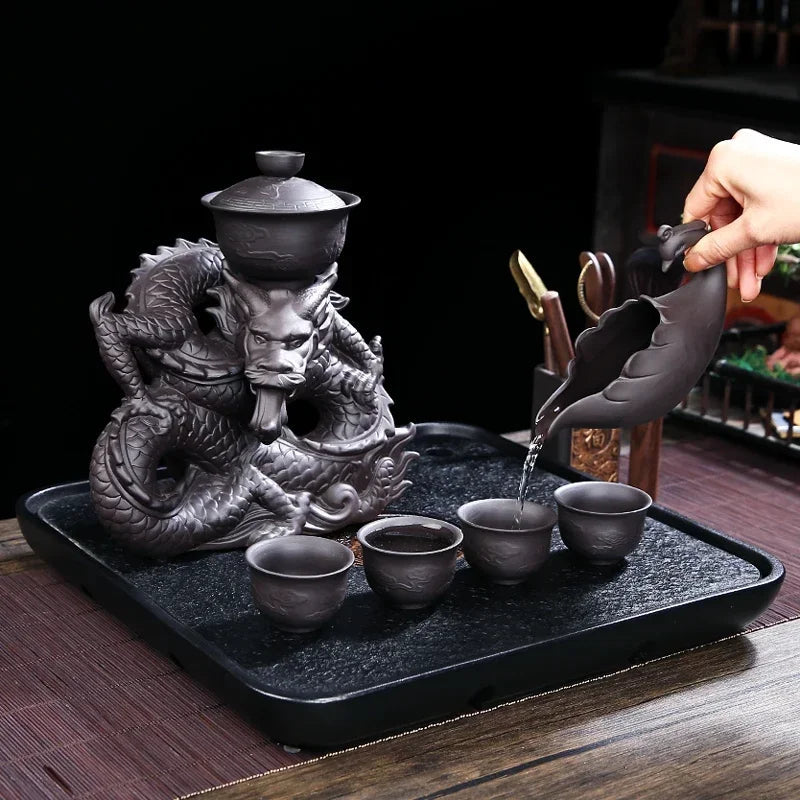 1 set, creative lazy tea set, semi-automatic dragon teapot, magnetic rotating water-conducting tea set, Chinese Kung Fu tea set Good Vibrations
