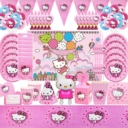 Hello Kitty Theme Girls Birthday Party Disposable Tableware Paper Cup Plate Balloon Kids Favors KT Balloon Party Decor Supplies Good Vibrations