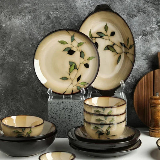 Creative Leaf Round Dinner Plate Retro Home Ramen Bowl Luxury Restaurant Delicious Dishes Ceramic Plates Exquisite Tableware Good Vibrations