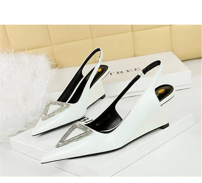 Wedges Women Shoes High Heel Shallow Pointed Toe Hollow Back Straps Patent Leather Triangle Metal Crystal Buckle Pumps Good Vibrations