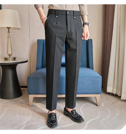 Mens Suit Pants 2025 Autumn New British Style Elastic Waist Solid Casual Formal Dress Pants Slim Fit Trousers for Men Clothing Good Vibrations