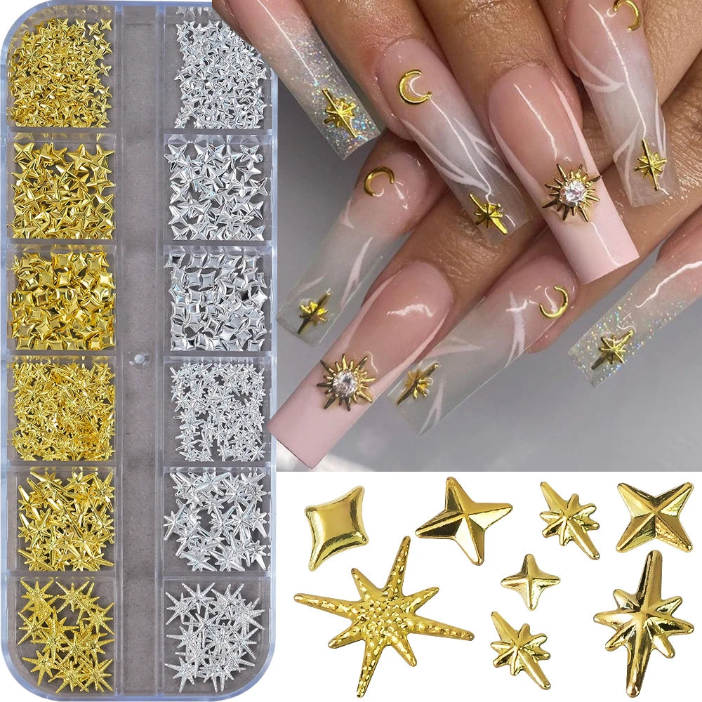 12Grid 3D Gold Ocean Rivet Nail Charms Mixed Seahorsea/Starfish /Conch Pearl/Mini Caviar Beads/Rhinestone Nail Jewery Decoration Good Vibrations