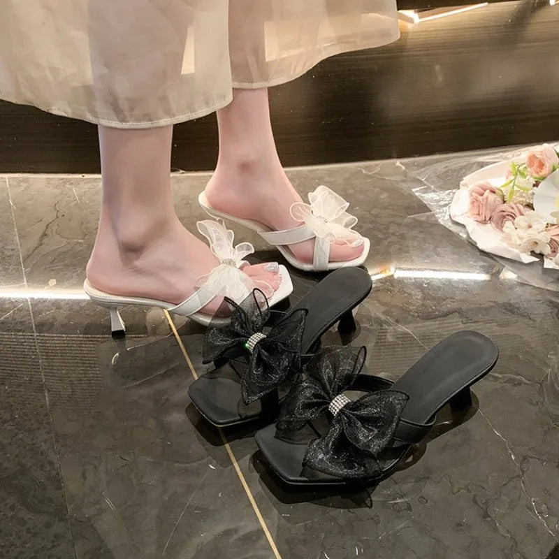 Women High Heels Shoes Lace Bow Square Toe Heel Lazy Sandals Fashion Slides Summer Outdoor Vacation High Heels Shoes for Women Good Vibrations