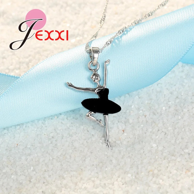 Charming Girl Doll Pendant Necklace Earrings 925 Sterling Silver Black Dress Ballet Fashion Woman Zircon Stone Jewelry Set Good Vibrations