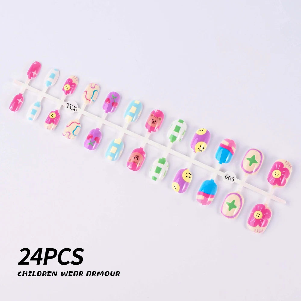 24Pcs/Strip Pink Detachable Child False Nails Tip Kawaii Cartoon Strawberry Acrylic Artificial Full Cover Press On Nail for Girl Good Vibrations