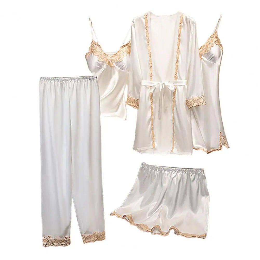 5 Pcs/Set Women Pajamas Set Nightgown Nightdress Top Shorts Pants Set Silky Satin Lace Lace-up Waist Thin Homewear Sleepwear Set Good Vibrations