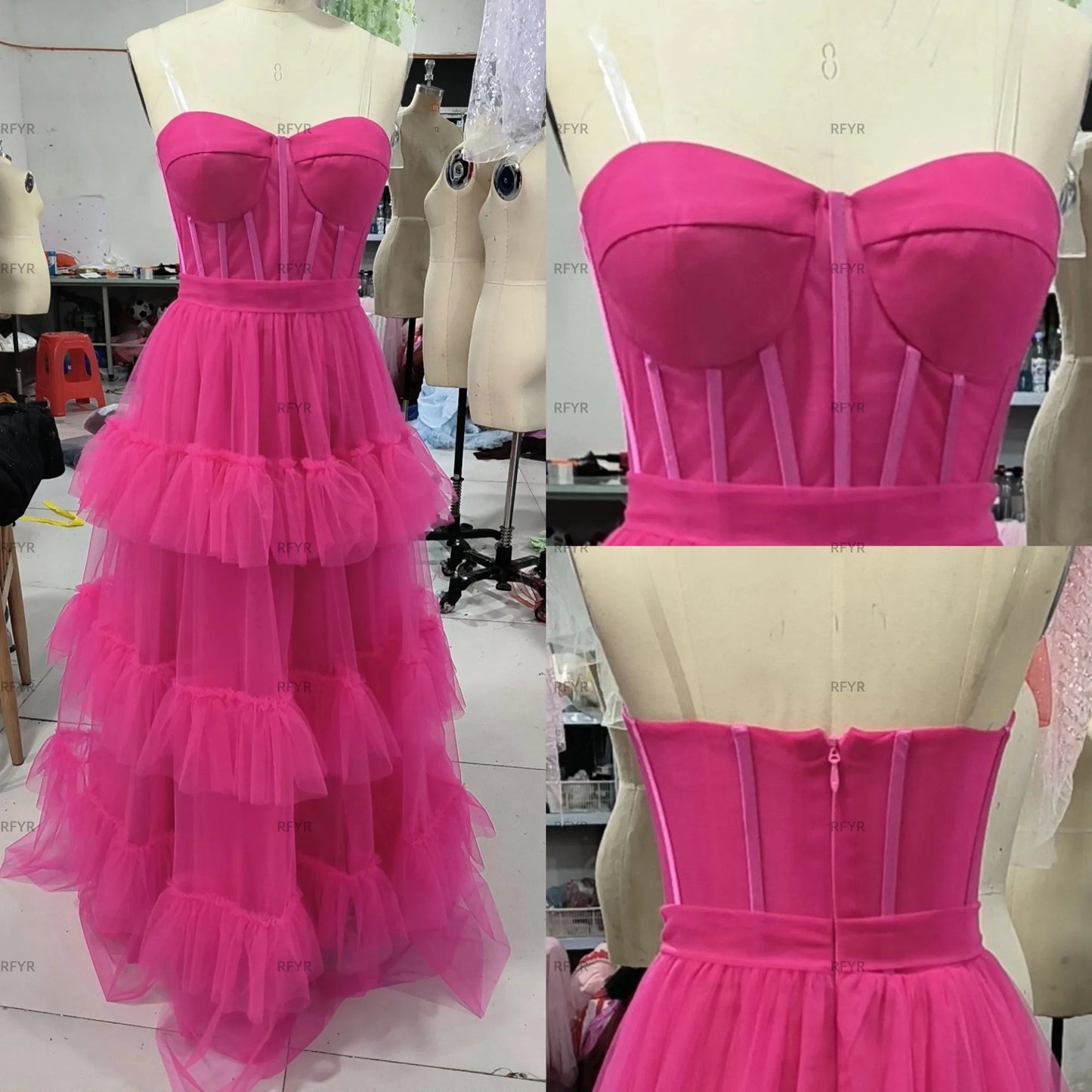 RFYR Fuschia Tiered Ruffles Tulle Prom Dresses Sweetheart Sleeveless Pleat Ruched Saudi Arabic Evening Party Gown Customized Good Vibrations