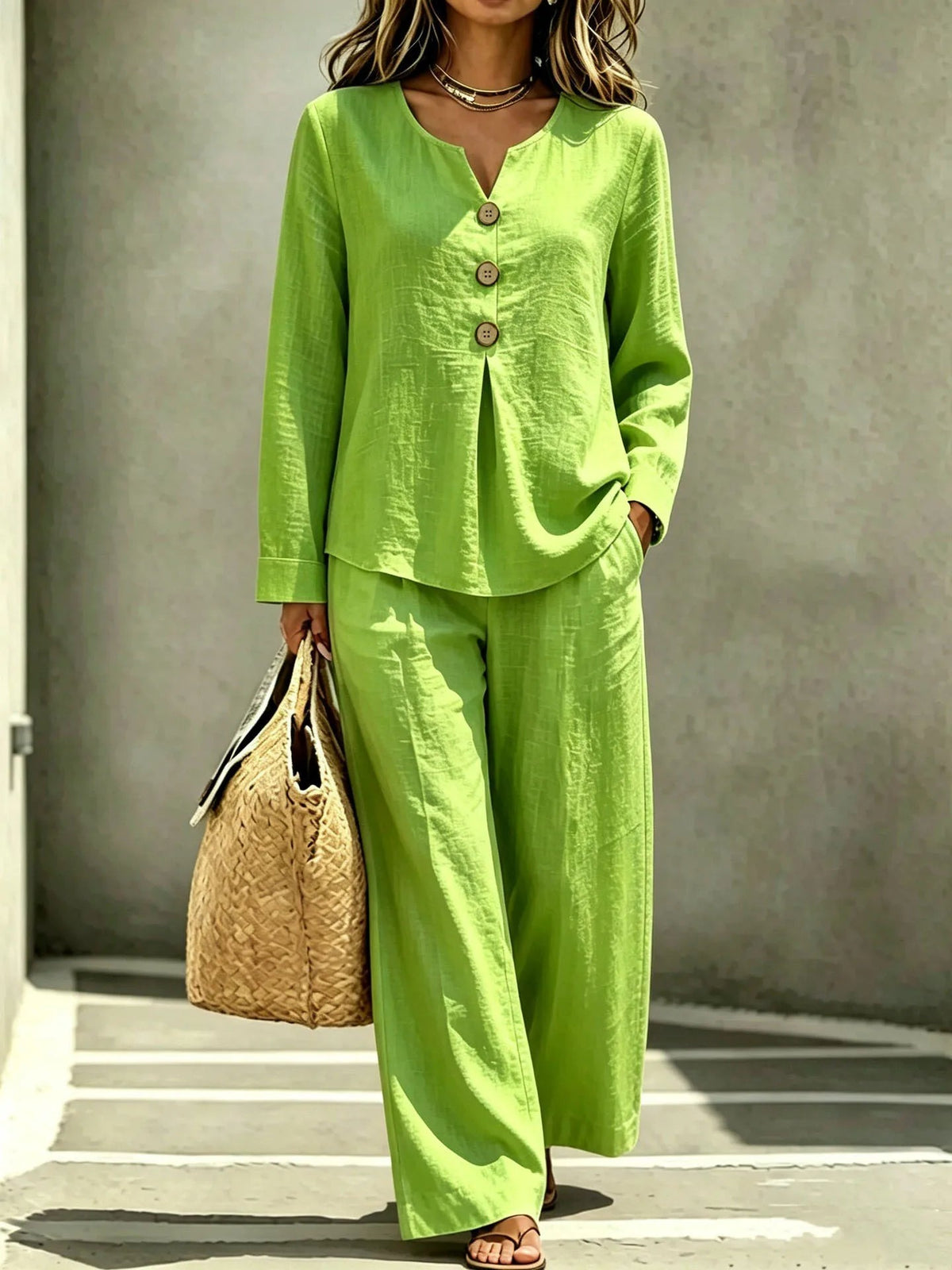 Women 2‑Piece Outfit Set Long Sleeve V‑Neck Top Wide Leg Pants Loose Casual Daily Suit Good Vibrations