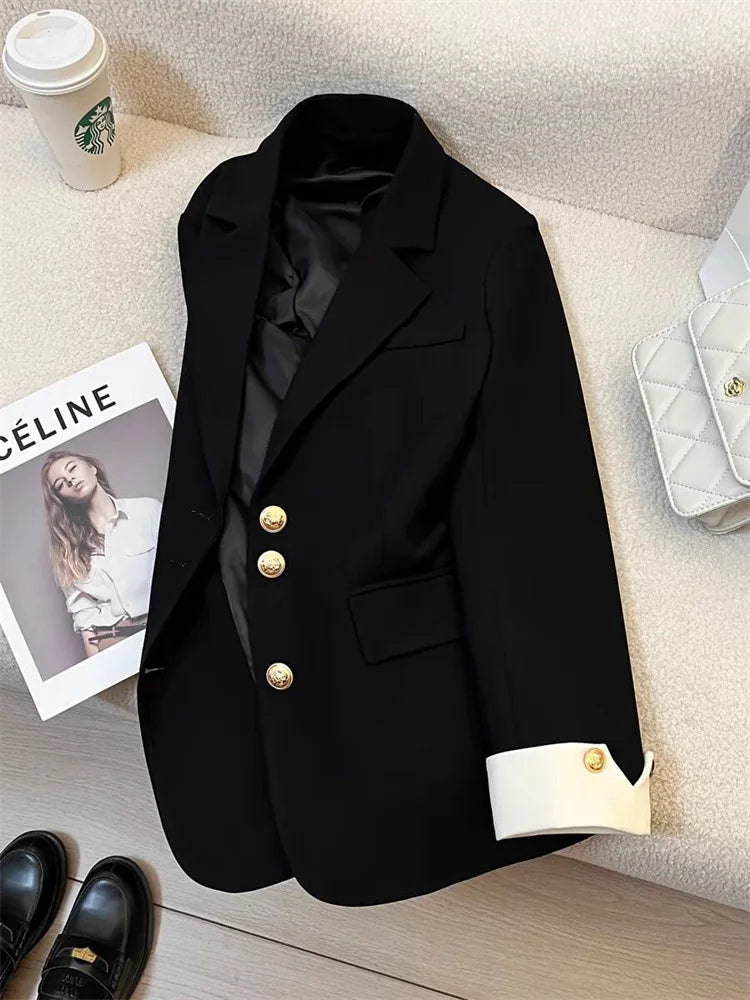 Single Breasted Notched Blazer Jackets Fashion Women Solid Long Sleeve Office Lady Blazers Casual Spring Autumn Female Clothes Good Vibrations