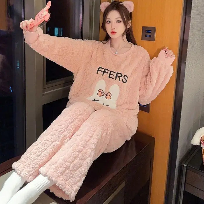 Thickened Cute Cartoon Sleepwear Set for Women Warm Home Clothes plus Size Long Sleeve round Neck Comfortable Polyester Fiber Good Vibrations