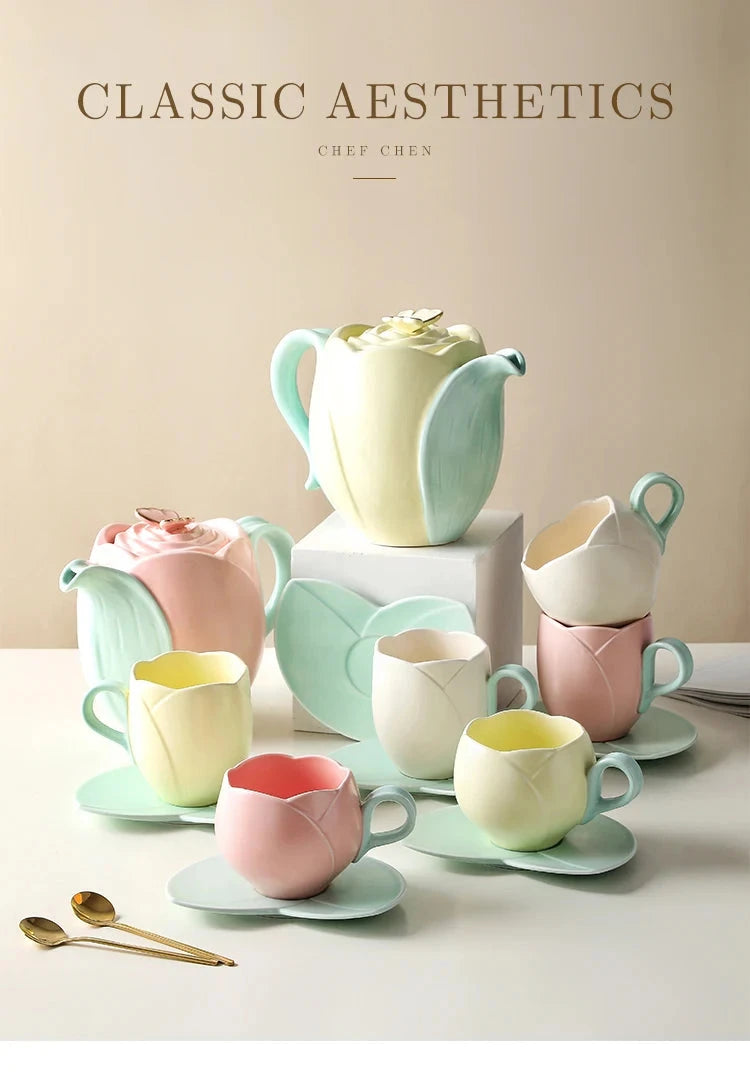 Tulip Luxury Ceramic Coffee Cup Saucer Set with Hand and Dish Milk Tea Cappuccino Tableware 280ml/320ml Birthday Couples Gifts Good Vibrations