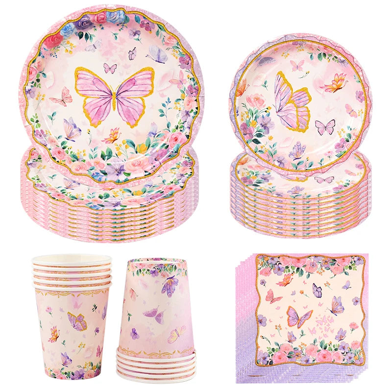 Butterfly Disposable Tableware Set Paper Plate Cup Napkins Pink Butterfly Birthday Party Decoration Baby Shower Wedding Supplies Good Vibrations