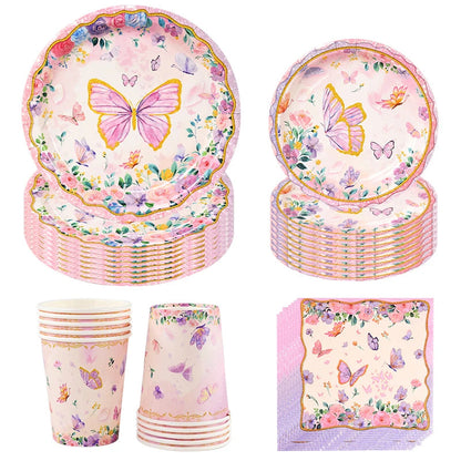 Butterfly Disposable Tableware Set Paper Plate Cup Napkins Pink Butterfly Birthday Party Decoration Baby Shower Wedding Supplies Good Vibrations