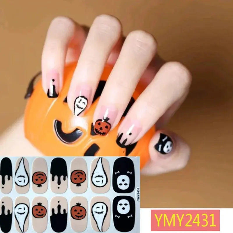Halloween Nail Stickers Full Cover Adhesive  Nail Polish Wraps Blood Pumpkin Ghost Nail Decals DIY Festival Nail Patch Decors Good Vibrations