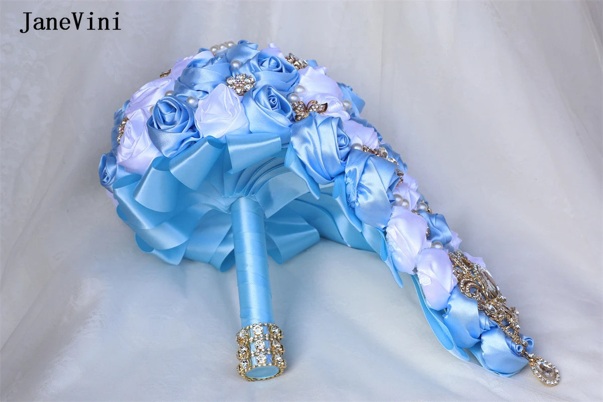 JaneVini Elegant Korean Light Blue Cascading Flowers Crystal Waterfall Bridal Bouquets Pearl Ribbon Roses Wedding Brooch Bouquet Good Vibrations