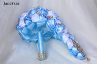 JaneVini Elegant Korean Light Blue Cascading Flowers Crystal Waterfall Bridal Bouquets Pearl Ribbon Roses Wedding Brooch Bouquet Good Vibrations