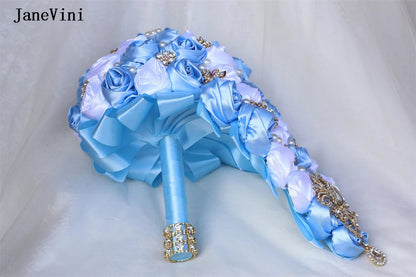 JaneVini Elegant Korean Light Blue Cascading Flowers Crystal Waterfall Bridal Bouquets Pearl Ribbon Roses Wedding Brooch Bouquet Good Vibrations