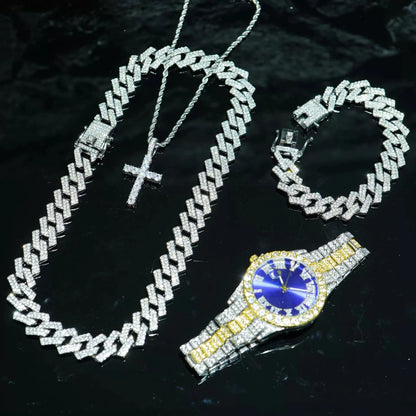 4pcs/set Mens Bling Wrist Watch & Hip Hop Cuban Chain Necklace Set - Rhinestone Accented, Round Dial, Electronic Quartz Movement Good Vibrations