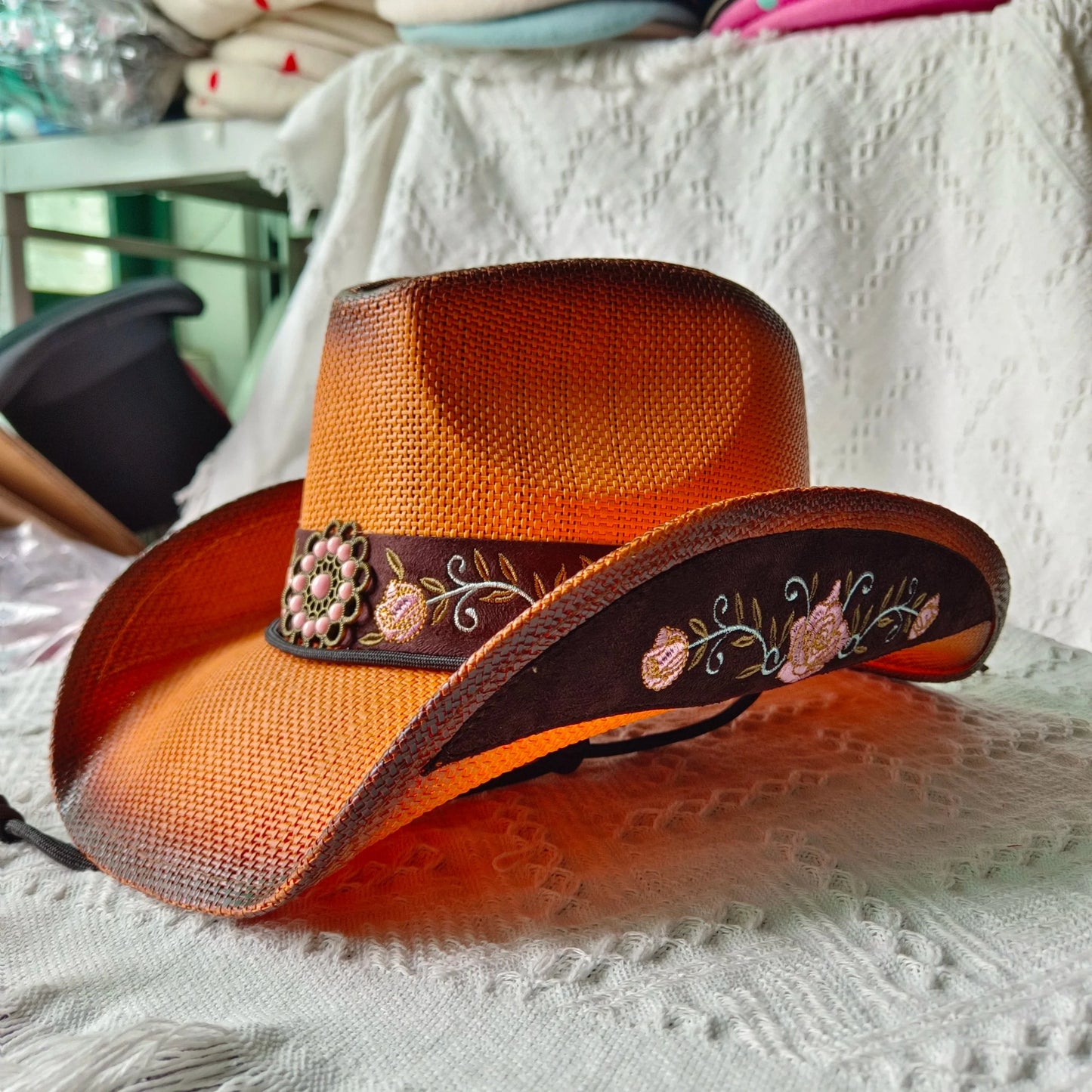 hats straw cowgirl western hat  mexican hat  retro curling hat western cowboy hat outdoor riding hat travel sports hat Good Vibrations