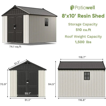 Customizable 8 X 10 FT Resin Outdoor Storage Shed With Floor, Plastic Shed With Window And Lockable Door For Garden, Backyard, T Good Vibrations