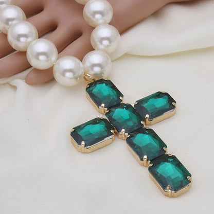 Fashionable and exaggerated large glass cross necklace pendant, luxurious Christmas gift jewelry Good Vibrations