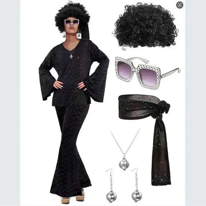 70s Women Disco Outfit Costume Disco Party Top Pants Sunglasses Ball Necklace Earring Wig for Halloween Easter Party Dress Up Good Vibrations