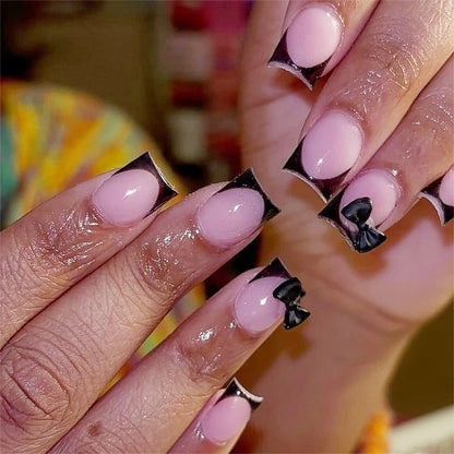 White French Press on Nails 3D Bowknot Fake Nails Tips Full Cover Wearable False Nails for Women and Girls DIY Manicure 24Pcs Good Vibrations