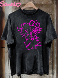 SANRIO Women's Vintage Washed Short Sleeve T-Shirt - Soft Crew Neck Top Cute Cartoon Design Comfortable Durable Women's T-Shirt Good Vibrations