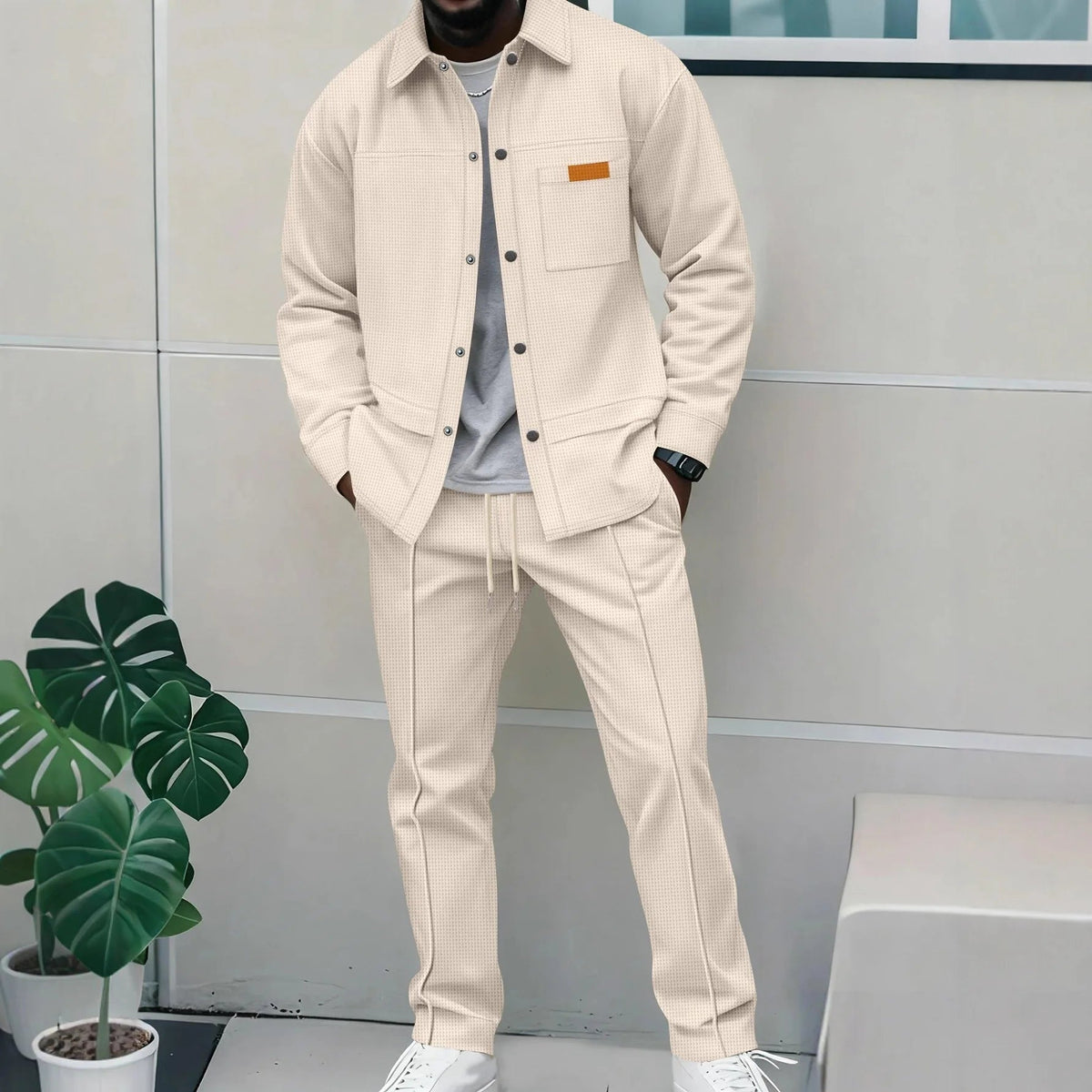 Spring and Autumn Men's High-Quality Waffle Pure Color Placket Pocket Jacket Set - A Stylish and Casual Two-Piece Outfit Good Vibrations