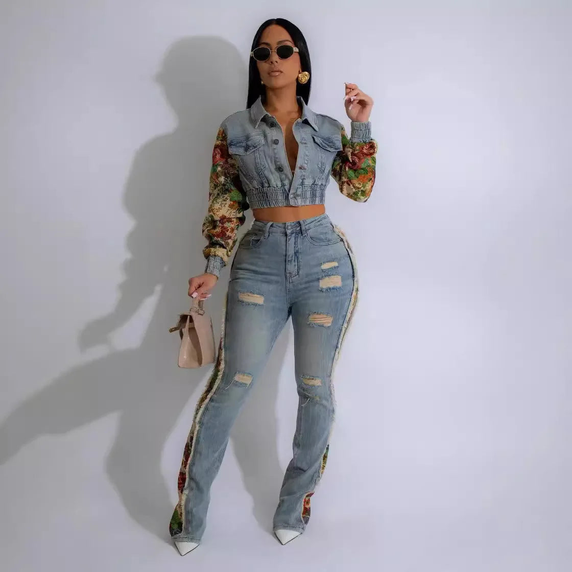 Jeans Suit Women Denim Two Piece Set Short Coat Pants Outfits Hole Trousers Flower Print Turn Down Collar Autumn 2025 Y2k Good Vibrations