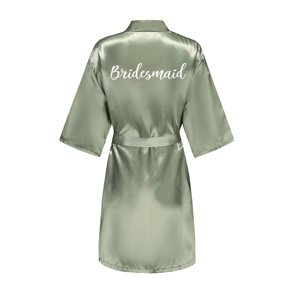 Grass Green Women's White Letter Bride Bridesmaid Short Satin Robes for Wedding Party Getting Ready Good Vibrations