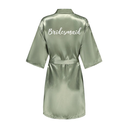 Grass Green Women's White Letter Bride Bridesmaid Short Satin Robes for Wedding Party Getting Ready Good Vibrations