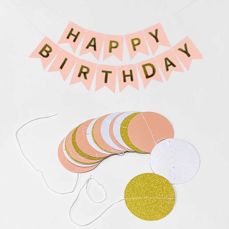 Birthday themed decoration supplies, including 1pc Happy Birthday banner, 1pc round pink flower, pink girl themed birthday party Good Vibrations