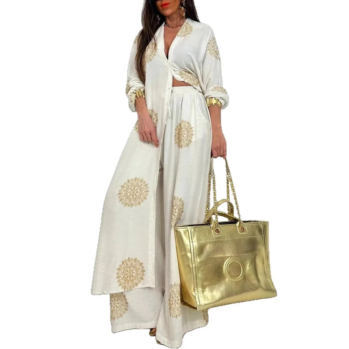 Robe Outfit Vintage Bohemia Loose Long Printed Robe Set Casual Button Shirt Blouses Wide Legs Pants Oversized Two-piece Outfit Good Vibrations