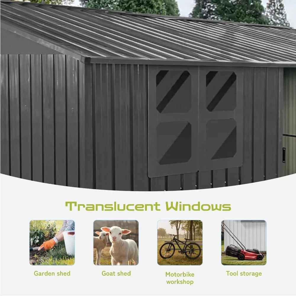 12 x 10 FT Outdoor Storage Shed, Metal Garden Tool Shed with Slooping Roof, Lockable Doors, All-Weather Bike Shed Easy to Assemb Good Vibrations