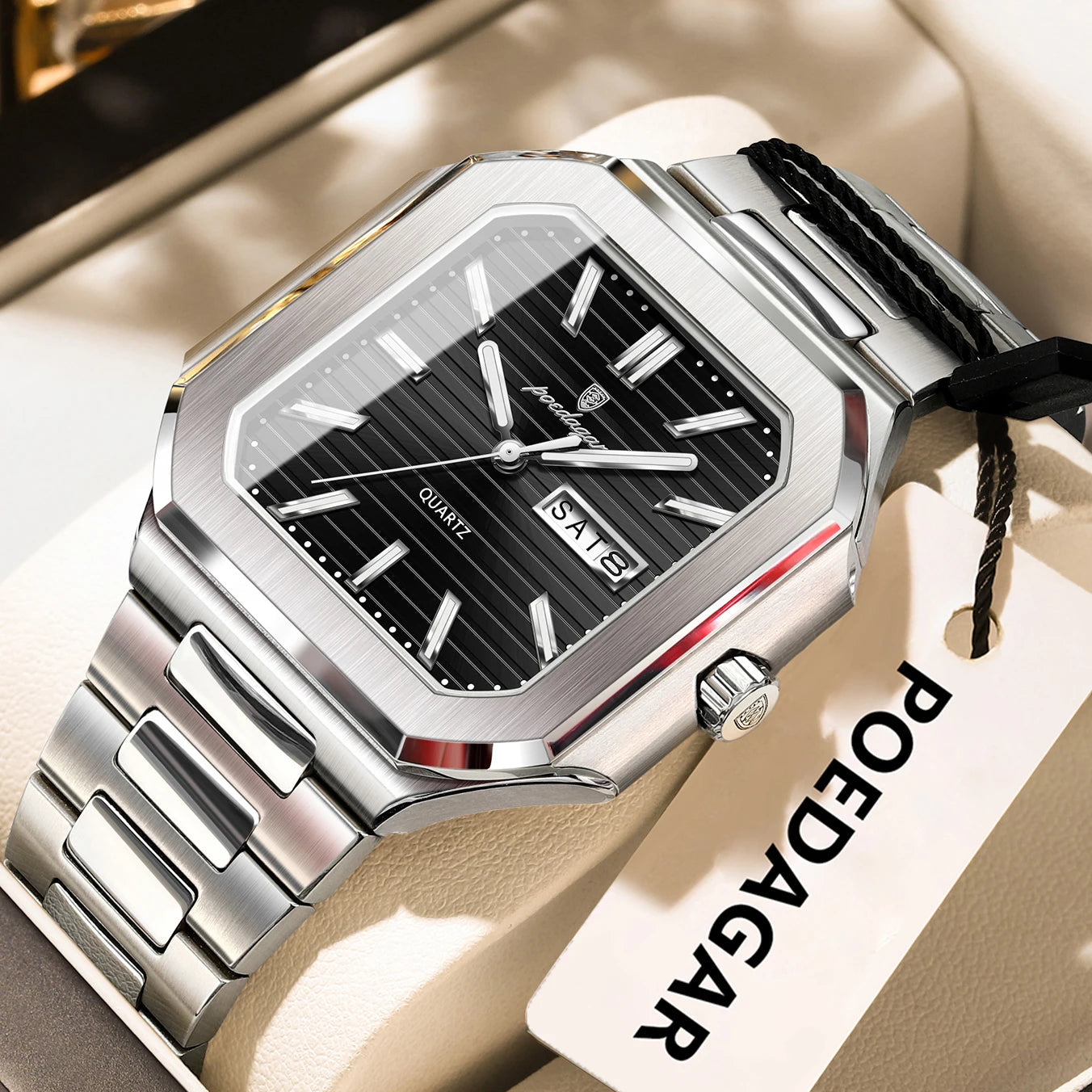 POEDAGAR Luxury Square Fashion Man Wristwatch Waterproof Luminous Date Week Quartz Men's Watches Stainless Steel Men Watch Reloj Good Vibrations