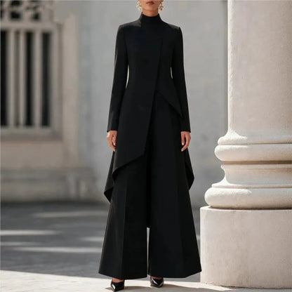 Woman's Autumn Stand Collar Top With Wide Leg Pants Two-piece Set Fashion Solid Irregular Long Top Suit Lady Chic Office Outfit Good Vibrations