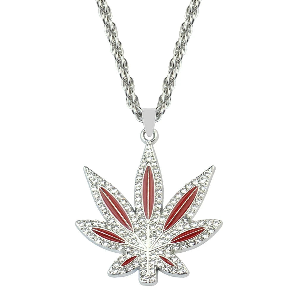 Rhinestone Weed Pendant Necklace Maple Leaf Necklaces Gold Color Chains for Women men Male Steampunk Jewelry Good Vibrations Adult Super Store
