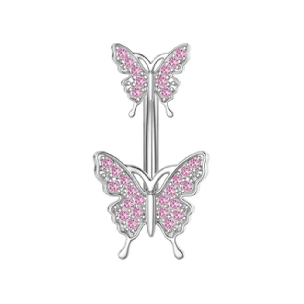 Fashion Pink Crystal Crown Belly Button Rings Stainless Steel Long Pendant Butterfly Heart Navel Piercing for Women Jewelry Good Vibrations Adult Super Store