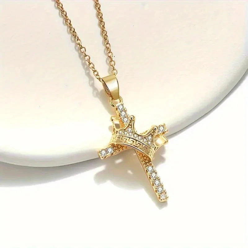 A Gorgeous Crown Cross Pendant Necklace, Suitable for Daily and Party Wear, Thanksgiving Gift, Suitable for All Seasons Good Vibrations
