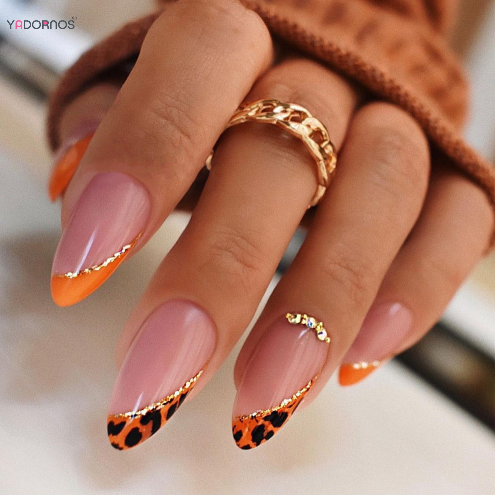 24Pcs Almond Fake Nails Orange Leopard Printed Press on Nails Full Cover Acrylic False Nails Patch for Women DIY Manicure Art Good Vibrations