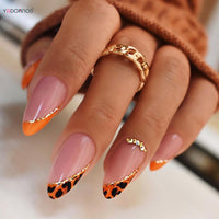 24Pcs Almond Fake Nails Orange Leopard Printed Press on Nails Full Cover Acrylic False Nails Patch for Women DIY Manicure Art Good Vibrations