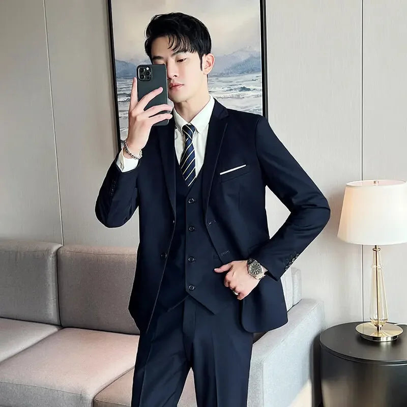 Suit (suit +Vest+Pants) Formal Business Men Four Seasons Professional Fashion Gentleman Solid Color Outdoor British Style Suit