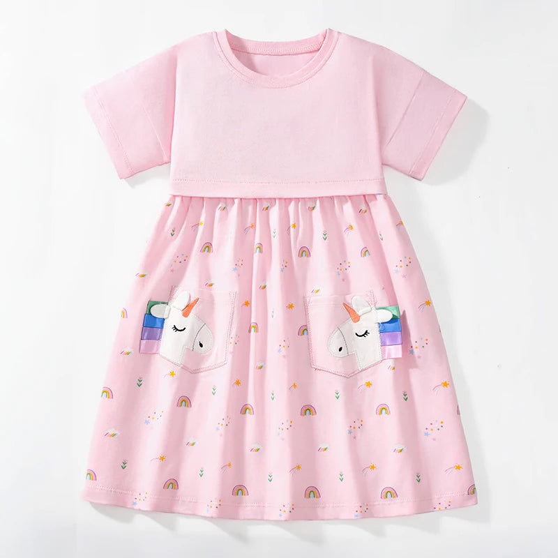 Little maven Children's Clothing Baby Girls 2025 Summer Embroidered Cartoon Casual Unicorns Dresses Pink Dresses Kids Clothes Good Vibrations