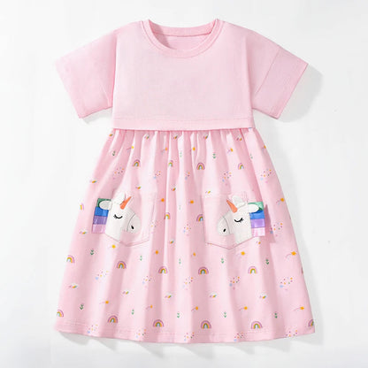 Little maven Children's Clothing Baby Girls 2025 Summer Embroidered Cartoon Casual Unicorns Dresses Pink Dresses Kids Clothes Good Vibrations