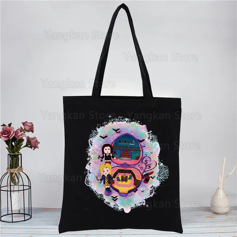Kawaii Polly Pocket Shopping Bag Women Canvas Tote Bags Printing Eco Bag Cartoon Shopper Shoulder Bags Black Good Vibrations