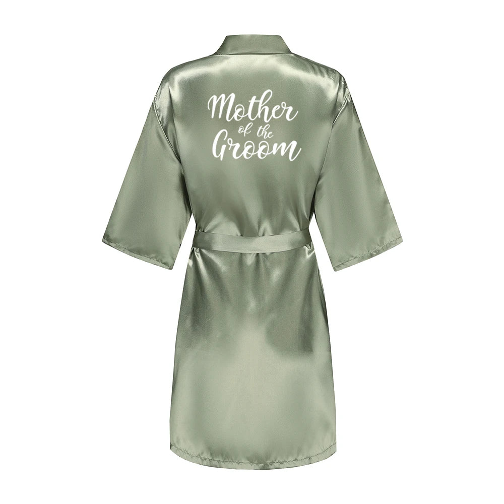 Grass Green Women's White Letter Bride Bridesmaid Short Satin Robes for Wedding Party Getting Ready Good Vibrations