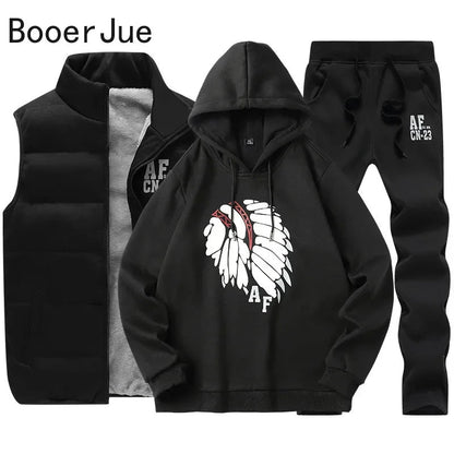 3 Pieces Set Hoodies+Vest+Pants Casual Men's Track Suit Clothing Coats Winter Thick Warm Tracksuit for Men Printed Mens Set Vest Good Vibrations